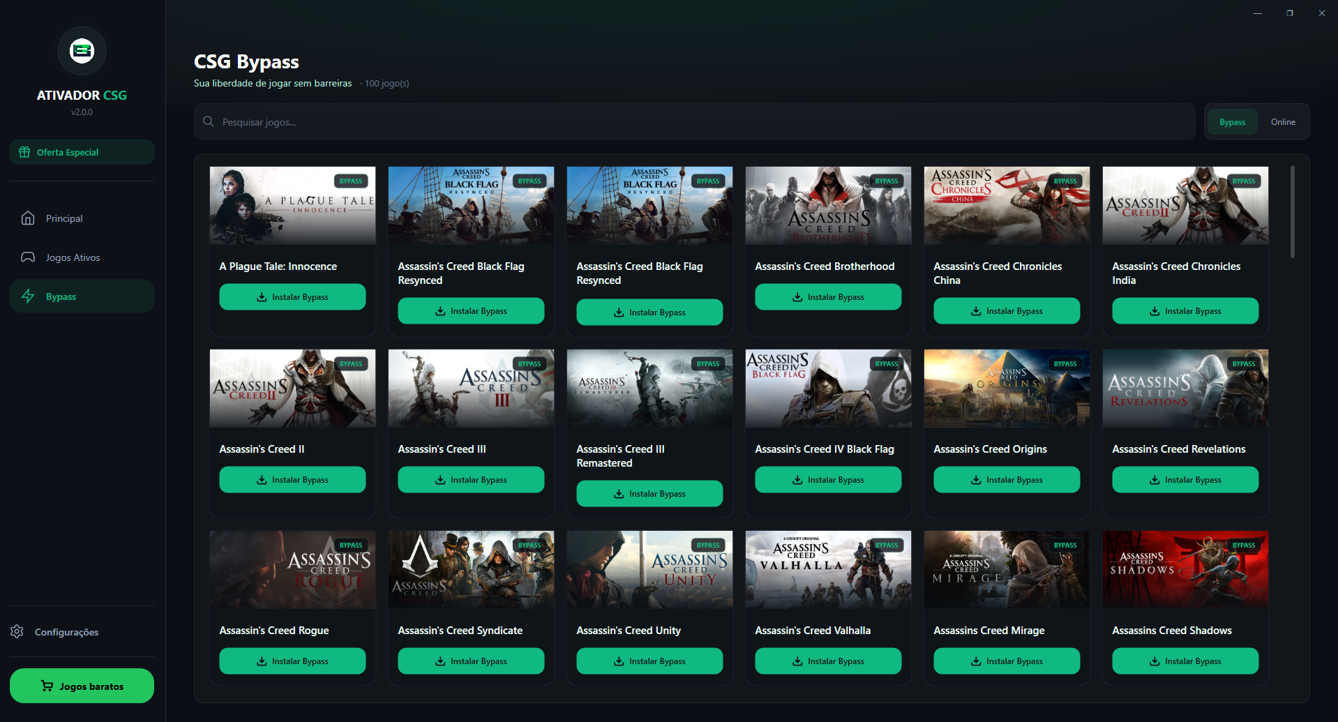 Tela de bypass com a lista de jogos disponíveis