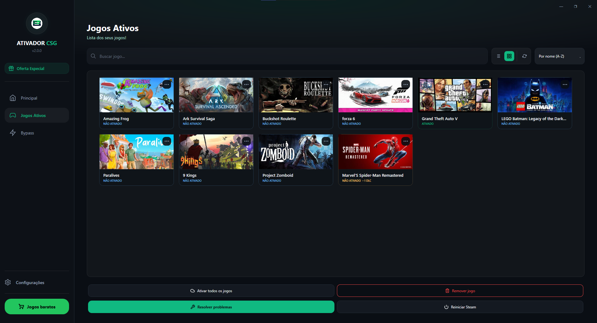 Tela de jogos ativos do Ativador CSG